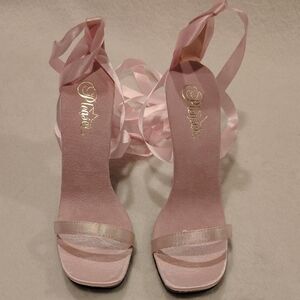 Chic Pink Satin Heels with Ribbon Straps